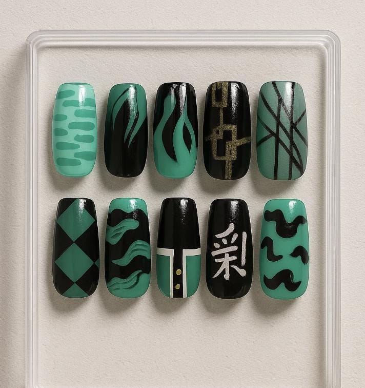 Demon Slayer Mist Hashira Nails, Muichiro Tokito press-on Nails, Kimetsu no Yaiba Anime Nail Art, Cosplay Otaku Nails.