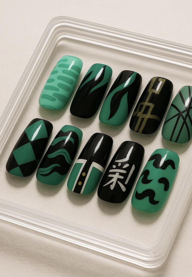 Demon Slayer Mist Hashira Nails, Muichiro Tokito press-on Nails, Kimetsu no Yaiba Anime Nail Art, Cosplay Otaku Nails.