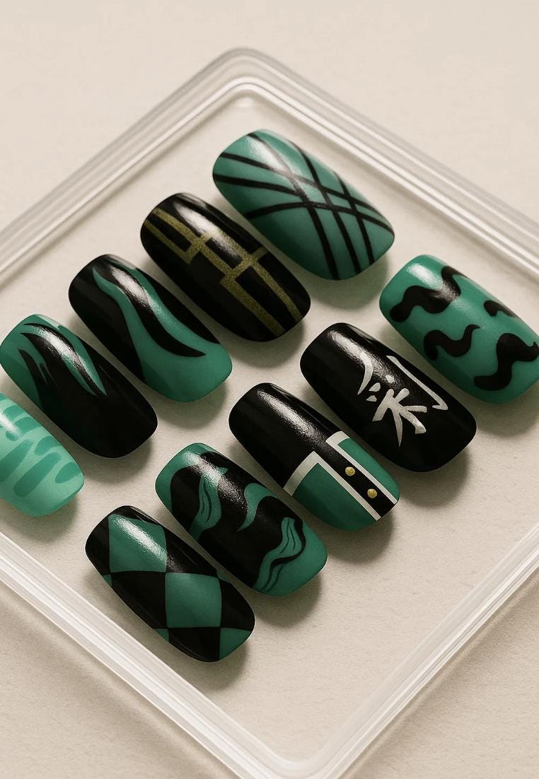 Demon Slayer Mist Hashira Nails, Muichiro Tokito press-on Nails, Kimetsu no Yaiba Anime Nail Art, Cosplay Otaku Nails.