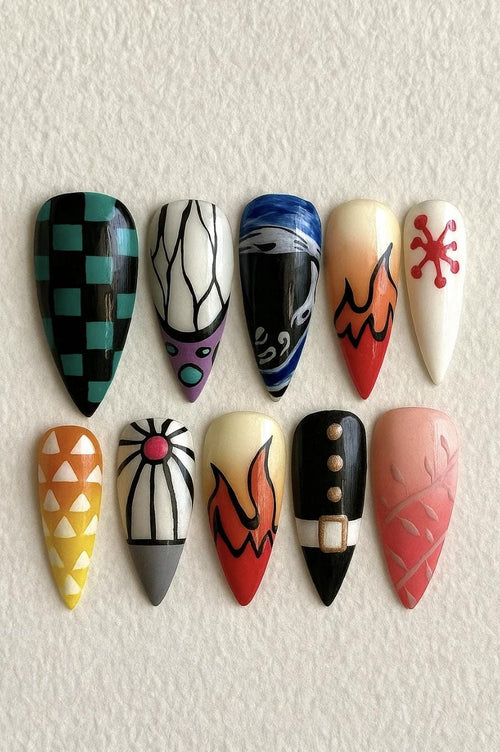 Demon Slayer press-on Nails; Anime Cosplay Nail Art Set.