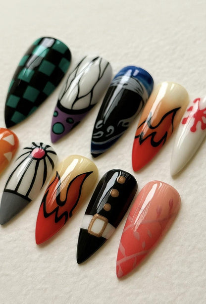 Demon Slayer press-on Nails; Anime Cosplay Nail Art Set.