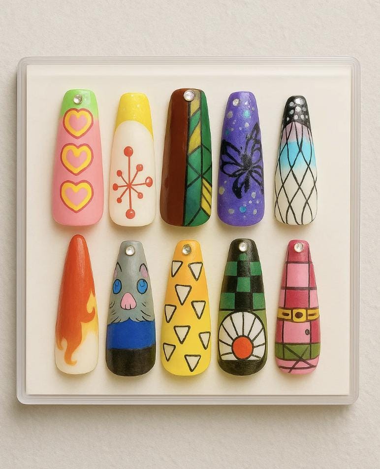 Demon Slayer press-on Nails, Kimetsu no Yaiba Anime Nail Art, Cosplay Nails Set, Otaku Kawaii Handmade Nails, Tanjiro Nezuko Zenitsu Inosuke.