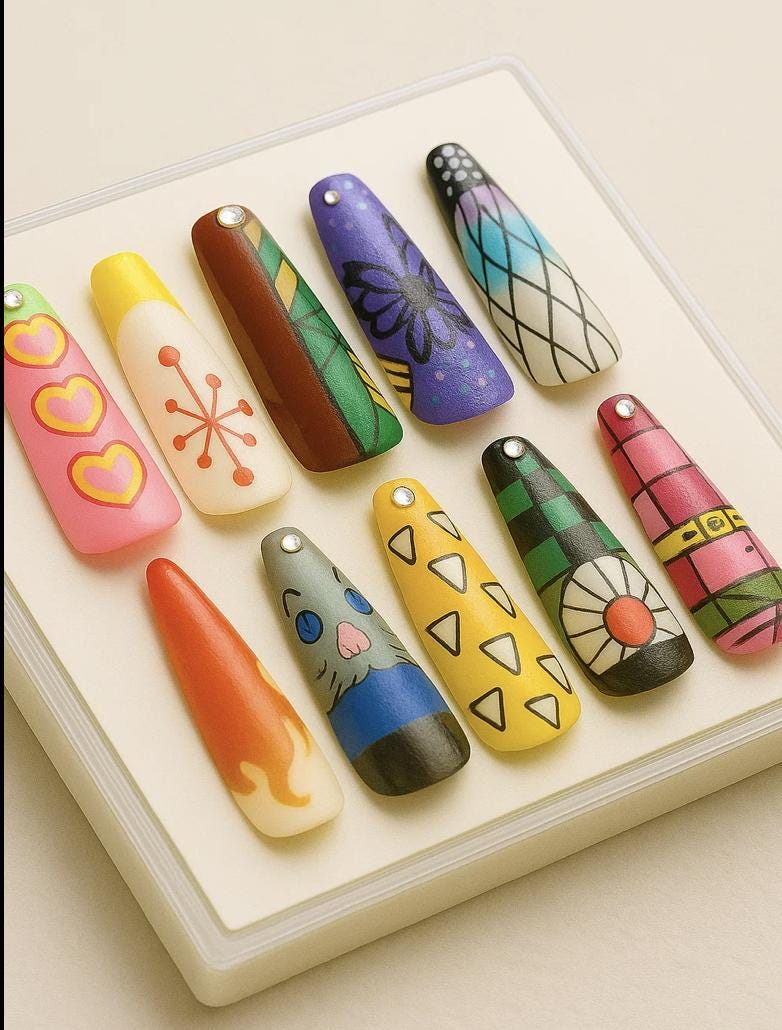 Demon Slayer press-on Nails, Kimetsu no Yaiba Anime Nail Art, Cosplay Nails Set, Otaku Kawaii Handmade Nails, Tanjiro Nezuko Zenitsu Inosuke.