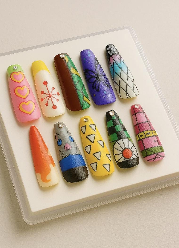 Demon Slayer press-on Nails, Kimetsu no Yaiba Anime Nail Art, Cosplay Nails Set, Otaku Kawaii Handmade Nails, Tanjiro Nezuko Zenitsu Inosuke.