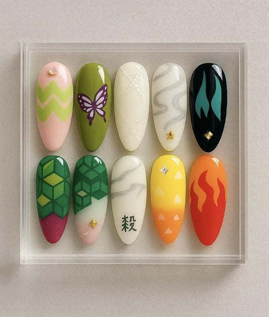 Demon Slayer press-on Nails, Kimetsu no Yaiba Anime Nails, Tanjiro Nezuko Zenitsu Rengoku Shinobu Inspired Nails, Cosplay Otaku Nail Art.