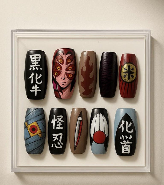 Demon Slayer Upper Moon Nails, Akaza Oni press-on Nails, Kimetsu no Yaiba Villain Nail Art, Anime Cosplay Nails.