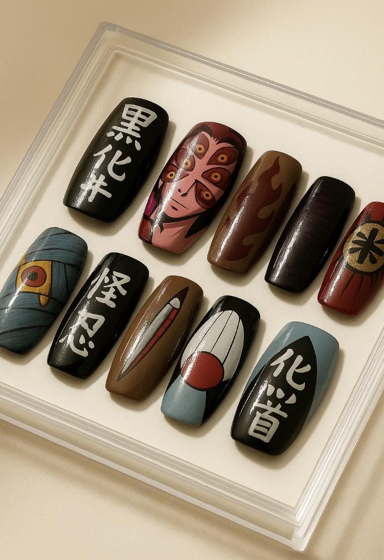 Demon Slayer Upper Moon Nails, Akaza Oni press-on Nails, Kimetsu no Yaiba Villain Nail Art, Anime Cosplay Nails.