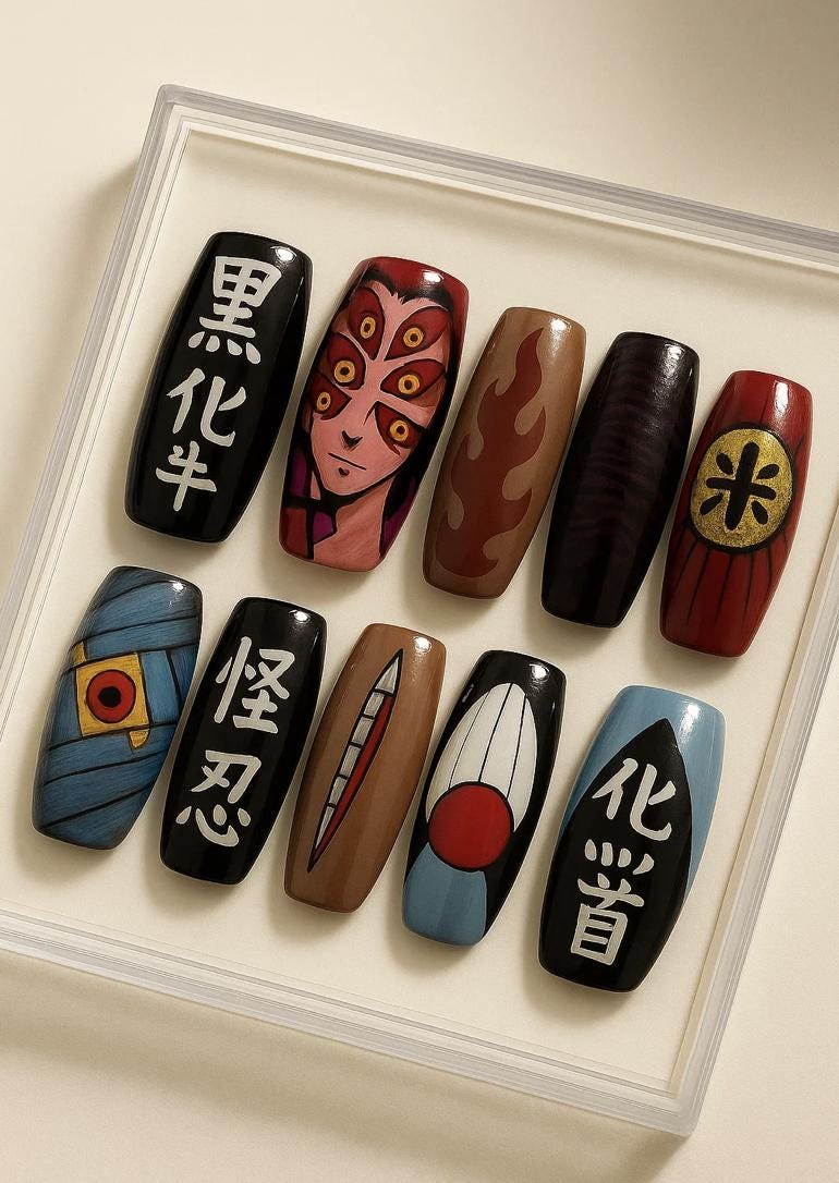 Demon Slayer Upper Moon Nails, Akaza Oni press-on Nails, Kimetsu no Yaiba Villain Nail Art, Anime Cosplay Nails.