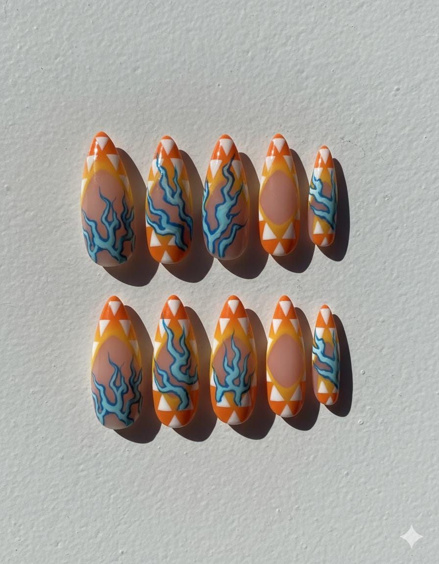 Demon Slayer Zenitsu press-on Nails; Thunder Breathing Lightning Anime Nail Art.
