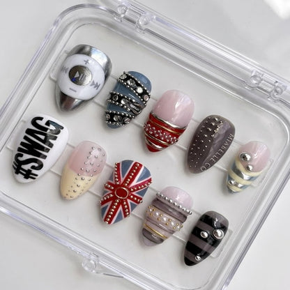 Edgy Mixed Design press-on Nails, Chrome Studded Nails, Punk Glam Nails, Union Jack Inspired Nails, Statement Almond Nails.