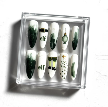 Elf Christmas Inspired press-on Nails; Green and White Holiday Nail Set.