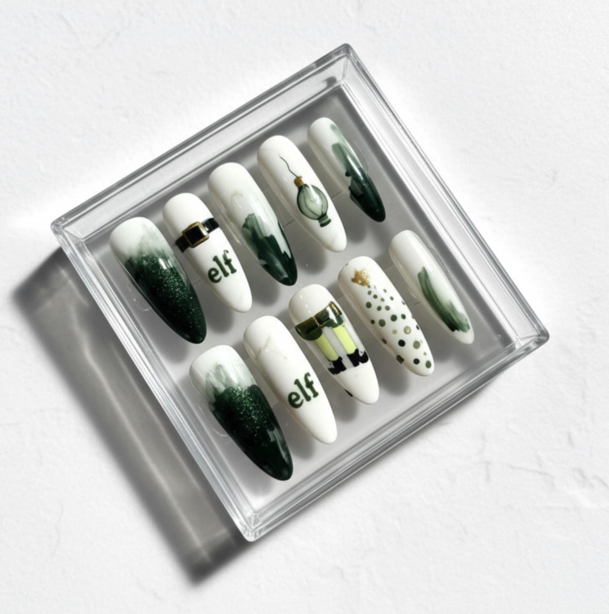 Elf Christmas Inspired press-on Nails; Green and White Holiday Nail Set.