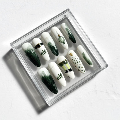 Elf Christmas Inspired press-on Nails; Green and White Holiday Nail Set.