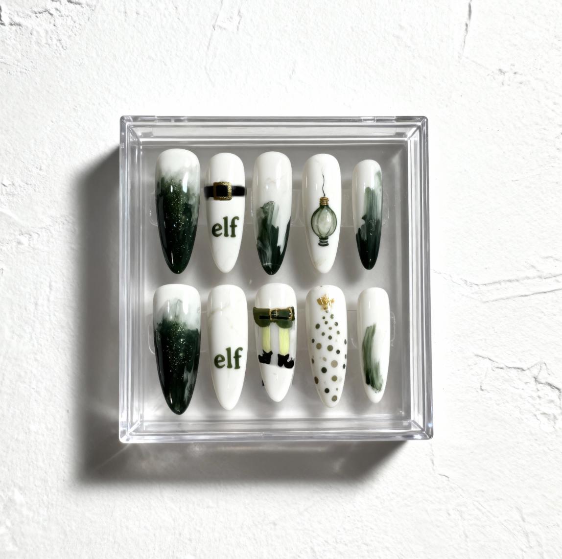 Elf Christmas Inspired press-on Nails; Green and White Holiday Nail Set.
