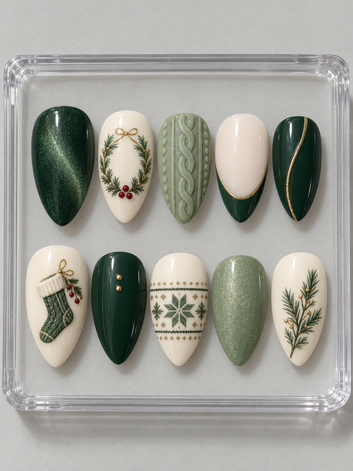 AI design mockup: Ten deep-green, sage and cream Christmas press-on nails with pine wreath, stocking, cable knit, fair-isle pattern and gold-colour lines.