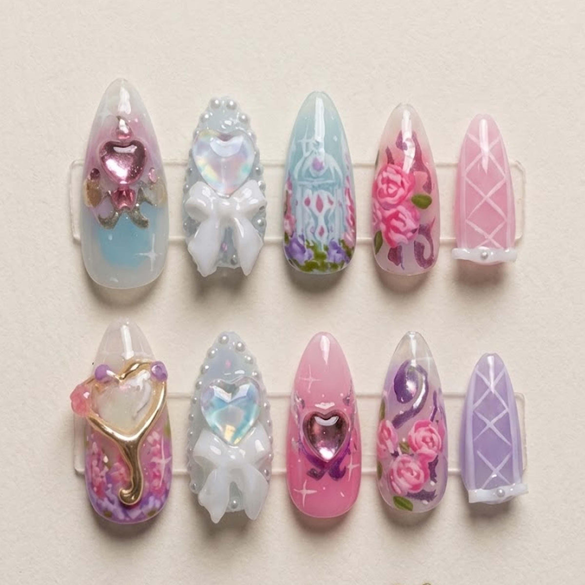 Fairy Tale Heart Gem 3D Nails, Princess Bow Handmade Nails, Pastel Rose Glass Nail Art, Birthday Party Dream Nails.