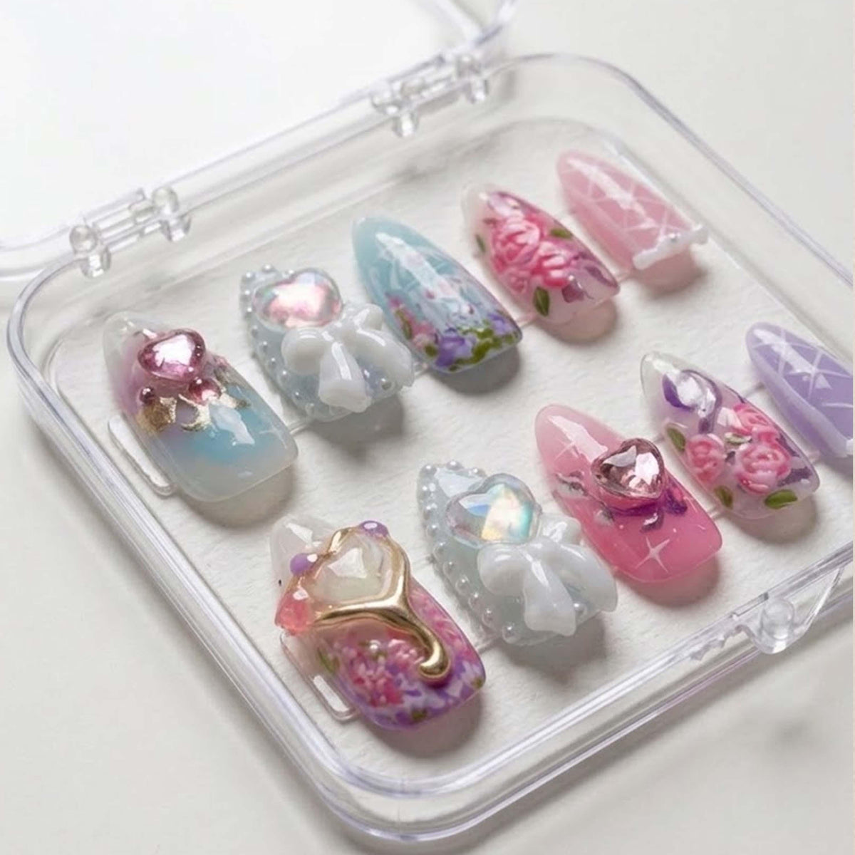 Fairy Tale Heart Gem 3D Nails, Princess Bow Handmade Nails, Pastel Rose Glass Nail Art, Birthday Party Dream Nails.