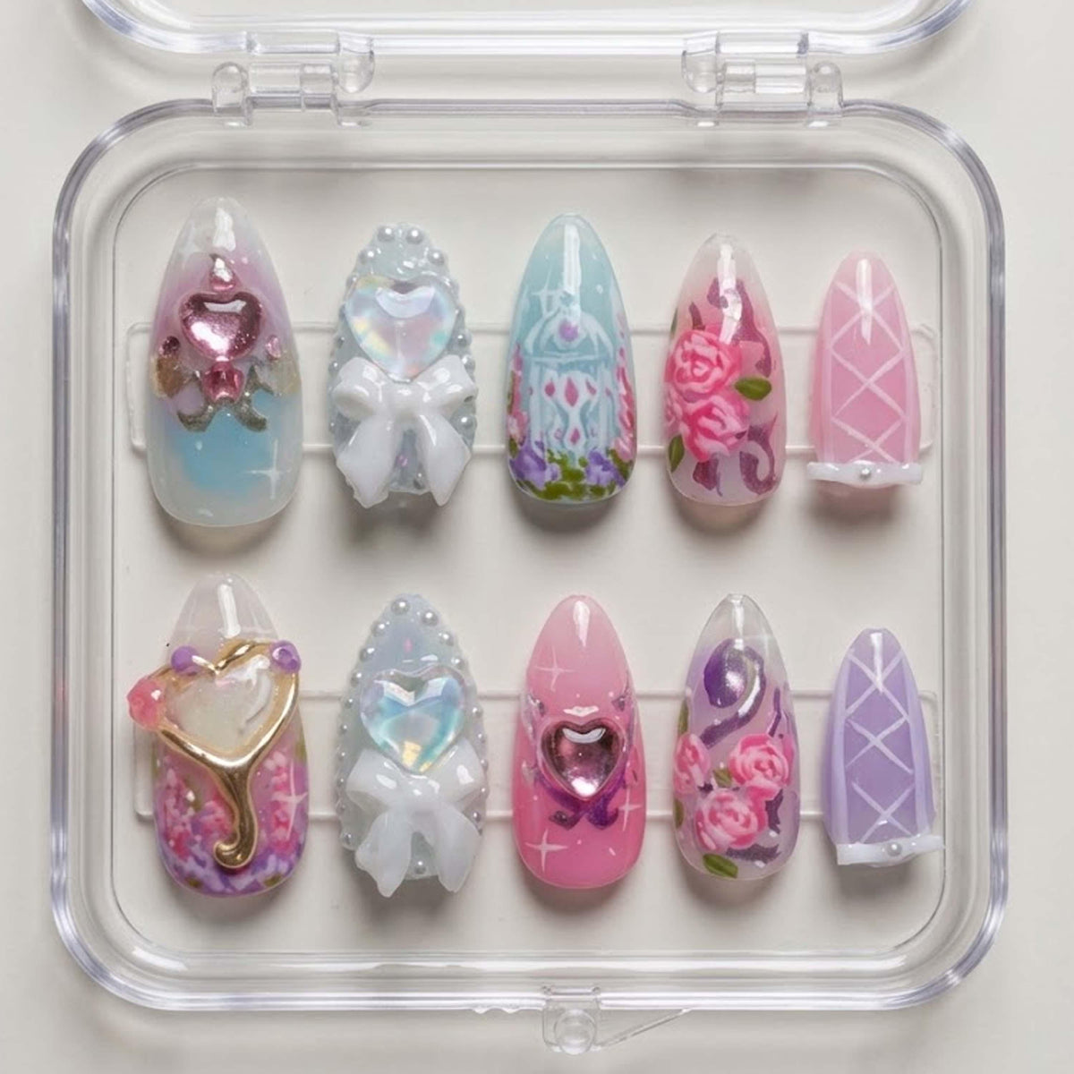 Fairy Tale Heart Gem 3D Nails, Princess Bow Handmade Nails, Pastel Rose Glass Nail Art, Birthday Party Dream Nails.