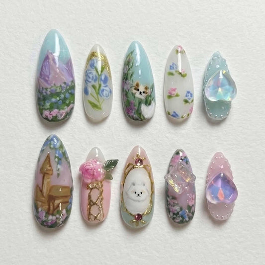 Fairytale Landscape press-on Nails, Dreamy Mountain Floral Nails, 3D Crystal Charm Nails, Cottagecore Animal Nail Set.