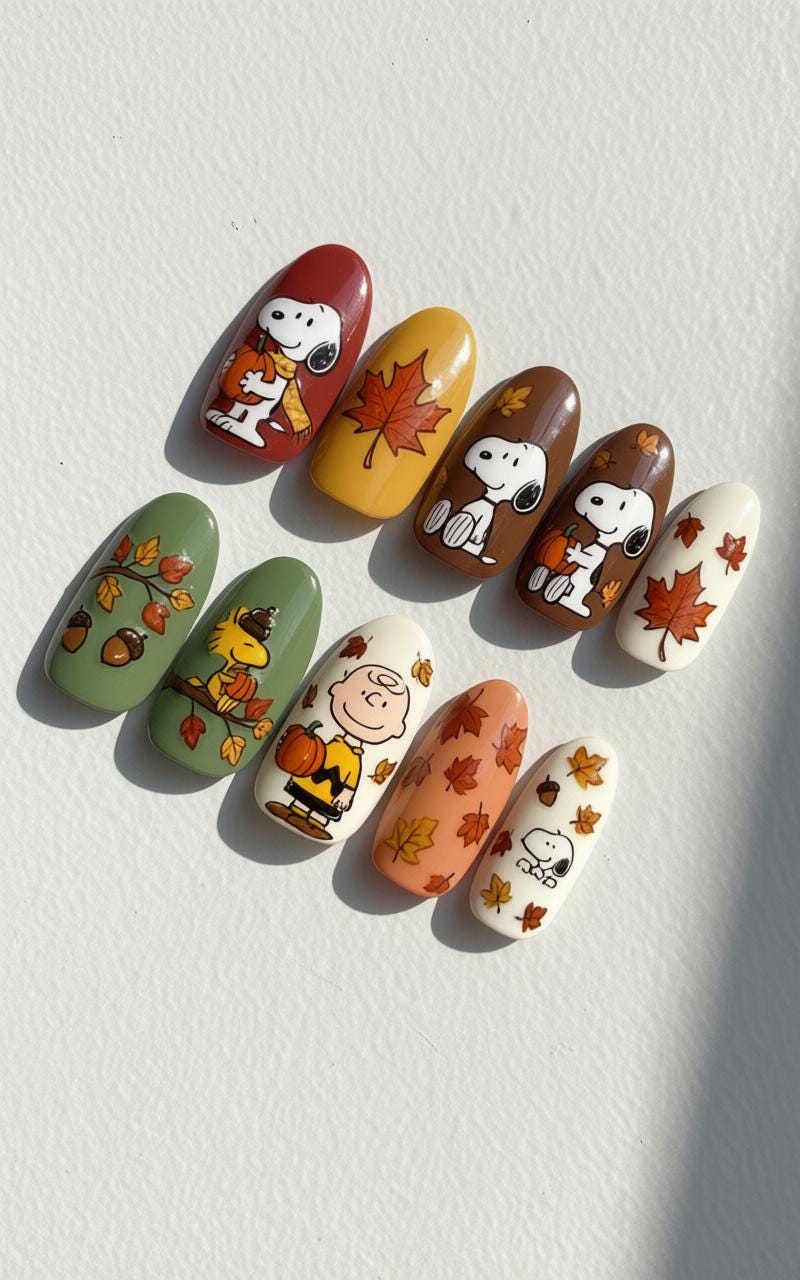 Fall Snoopy press-on Nails; Charlie Brown Autumn Nail Art.