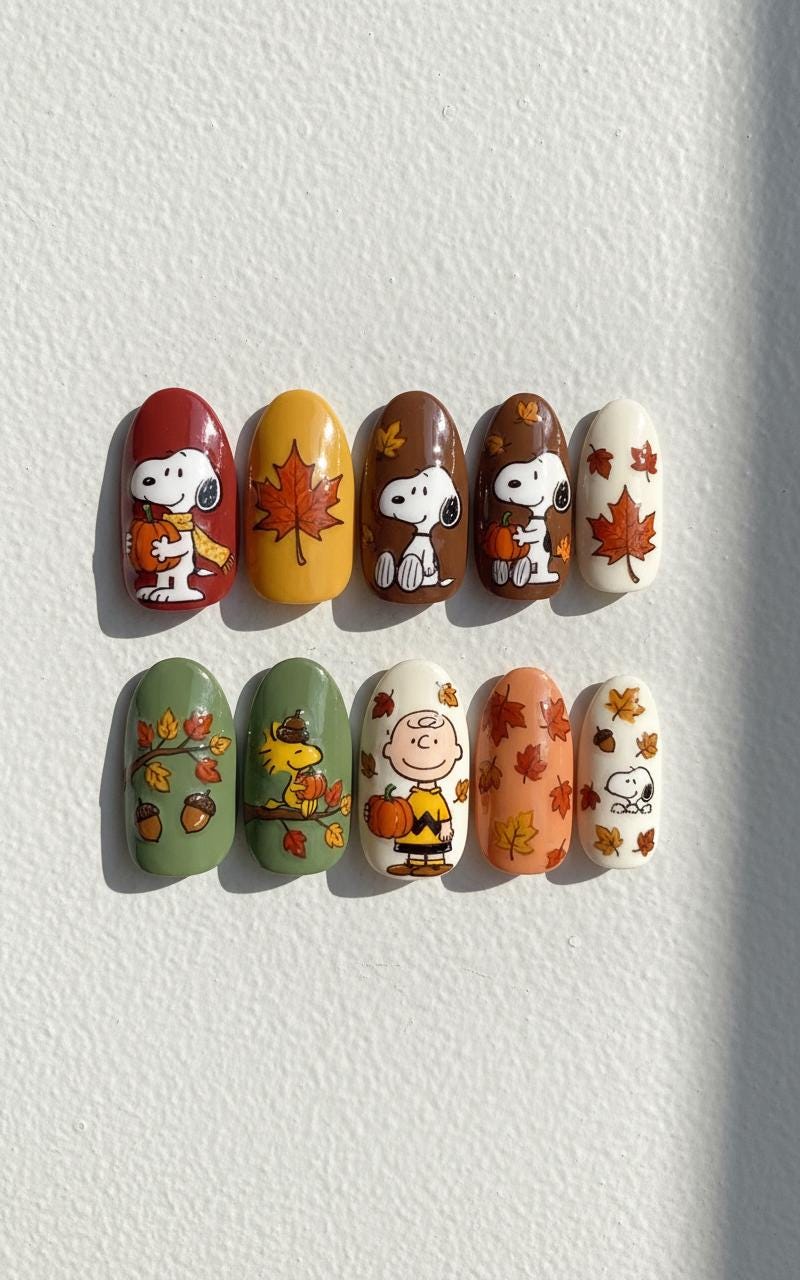 Fall Snoopy press-on Nails; Charlie Brown Autumn Nail Art.