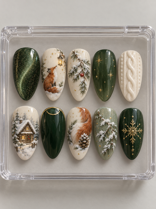 AI design mockup: Ten forest-green, sage and ivory Christmas press-on nails with fox and lantern, snowy cottage, cable knit, pine branches and pinecone.