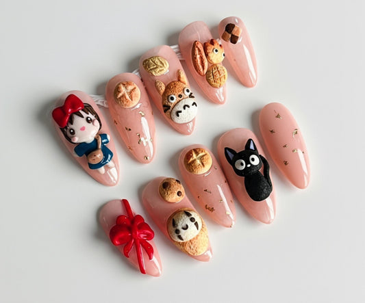 Ghibli Inspired Nails; Handmade 3D Kiki Totoro Jiji press-on Nails.