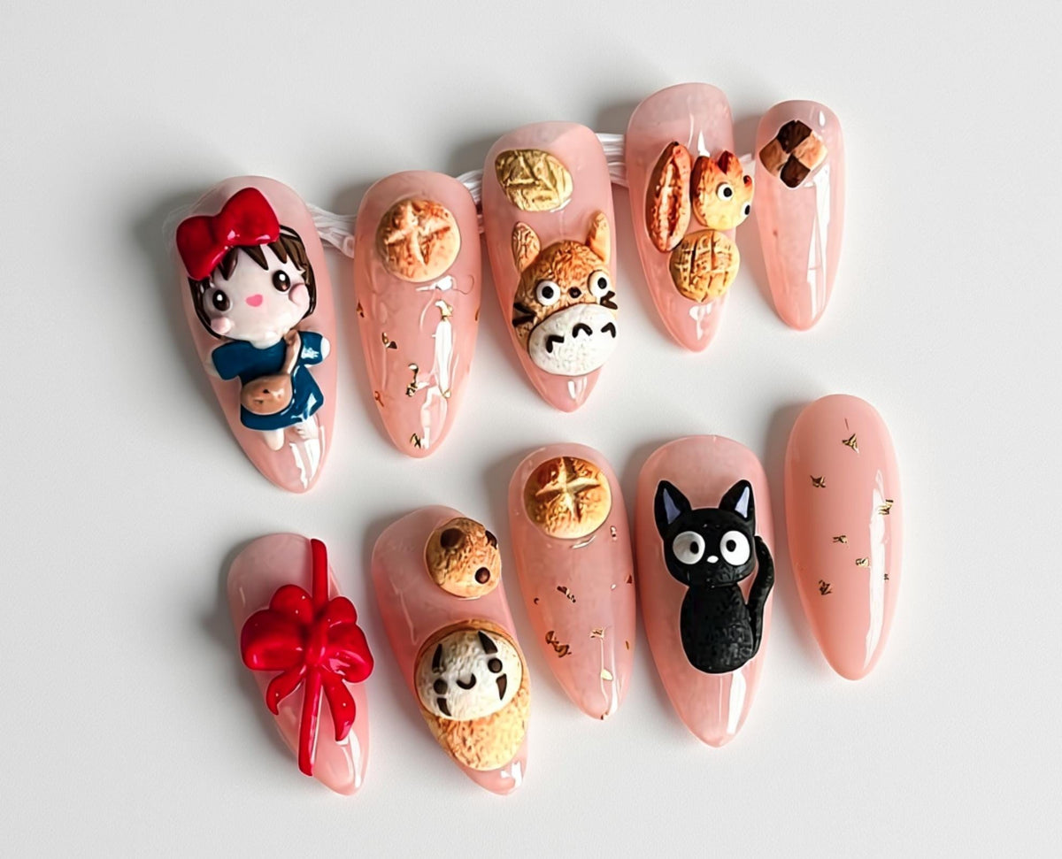 Ghibli Inspired Nails; Handmade 3D Kiki Totoro Jiji press-on Nails.