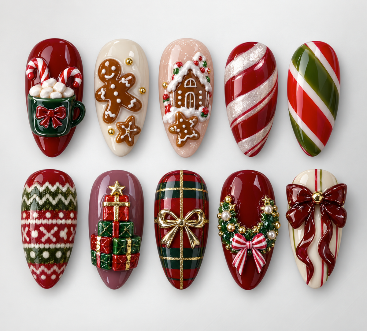 Gingerbread press-on Nails; 3D Hot Cocoa, Red Bows and Festive Plaid Nail Art.
