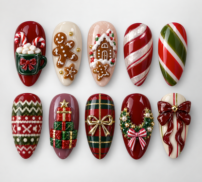 Gingerbread press-on Nails; 3D Hot Cocoa, Red Bows and Festive Plaid Nail Art.