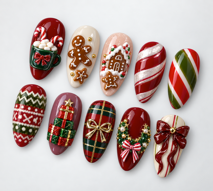 Gingerbread press-on Nails; 3D Hot Cocoa, Red Bows and Festive Plaid Nail Art.