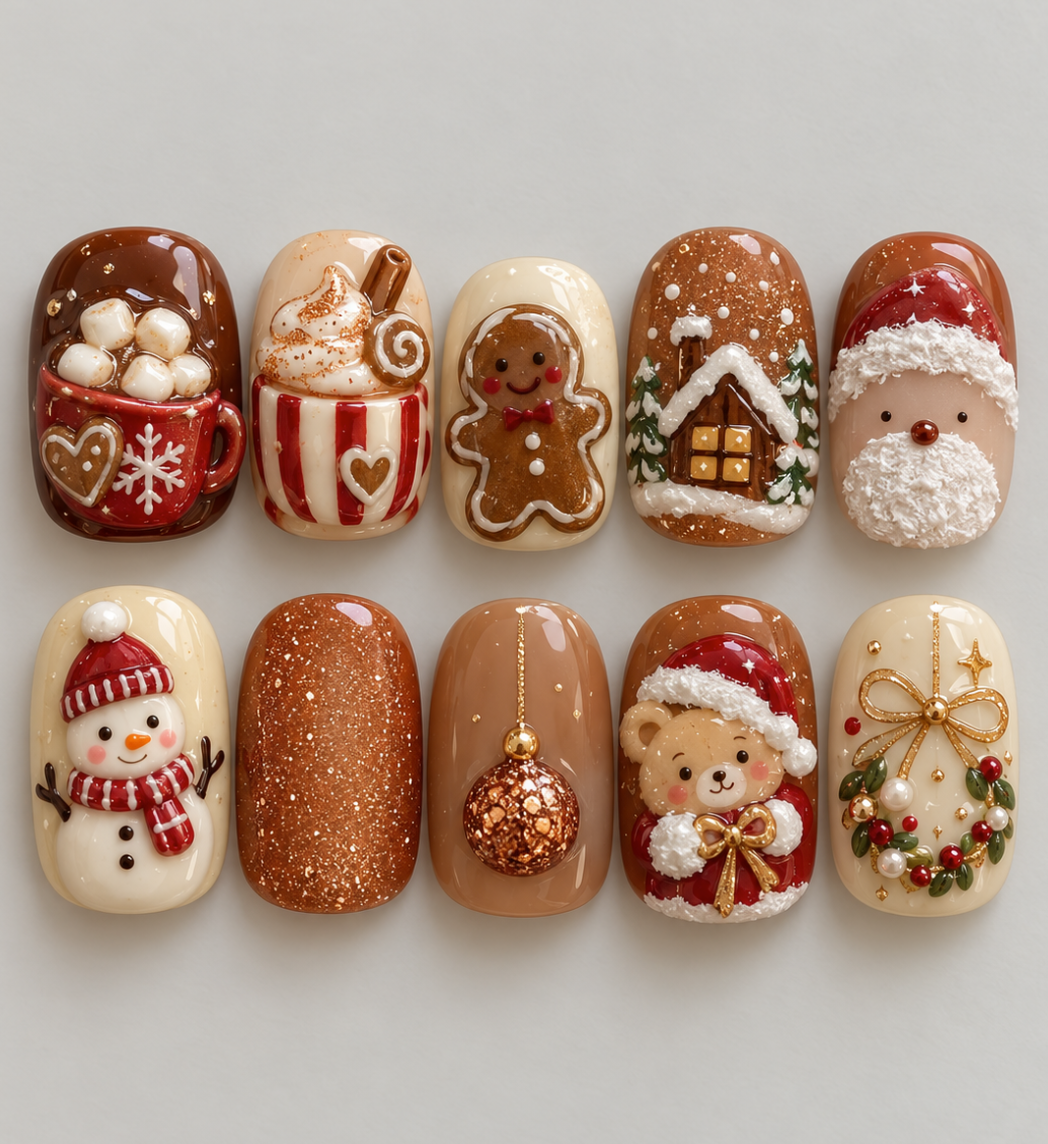 Gingerbread press-on Nails; Caramel Brown 3D Hot Cocoa, Teddy Bear and Cozy Winter Nail Art.