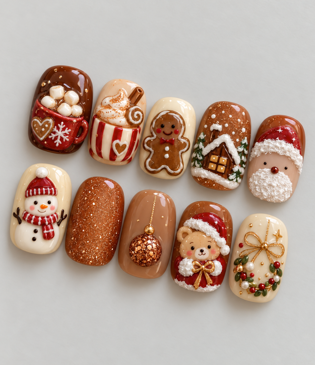 Gingerbread press-on Nails; Caramel Brown 3D Hot Cocoa, Teddy Bear and Cozy Winter Nail Art.
