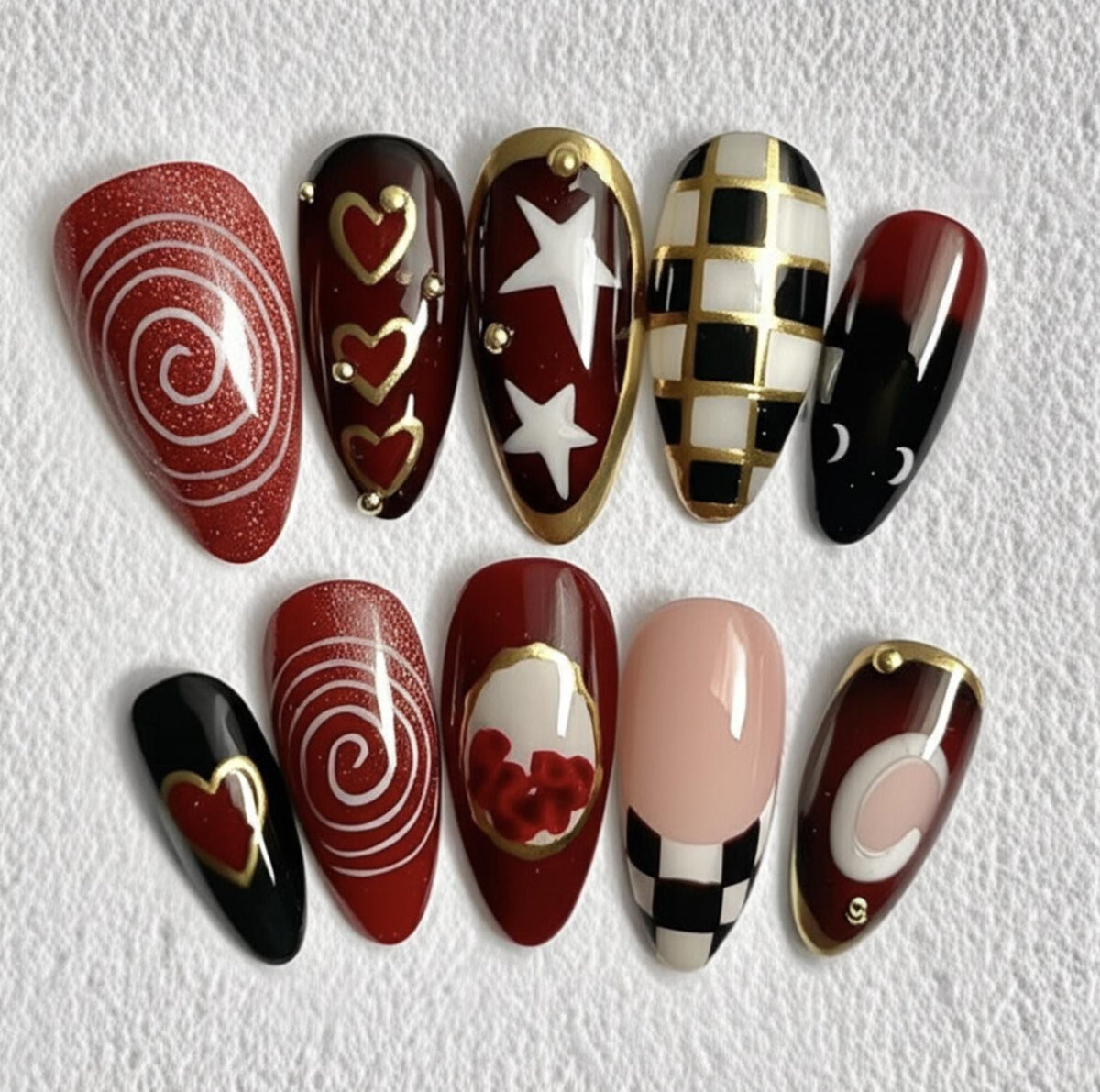 Glam Gothic press-on Nails: Red Black Gold Nail Art.