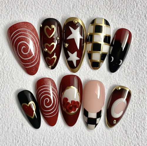 Glam Gothic press-on Nails: Red Black Gold Nail Art.