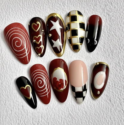 Glam Gothic press-on Nails: Red Black Gold Nail Art.