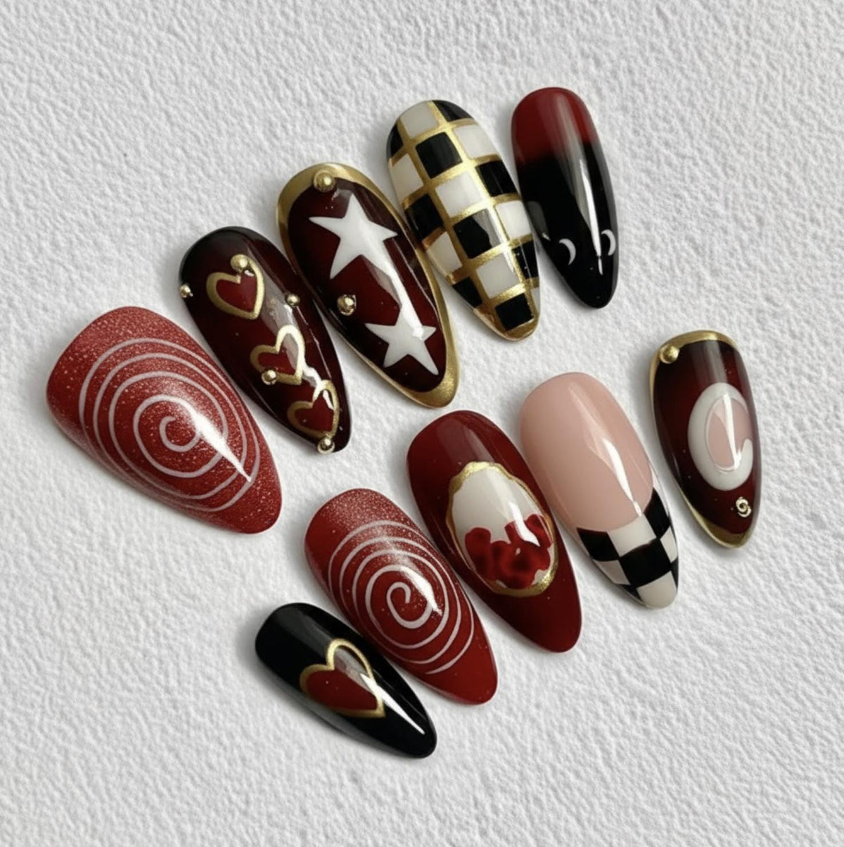 Glam Gothic press-on Nails: Red Black Gold Nail Art.