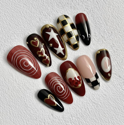 Glam Gothic press-on Nails: Red Black Gold Nail Art.