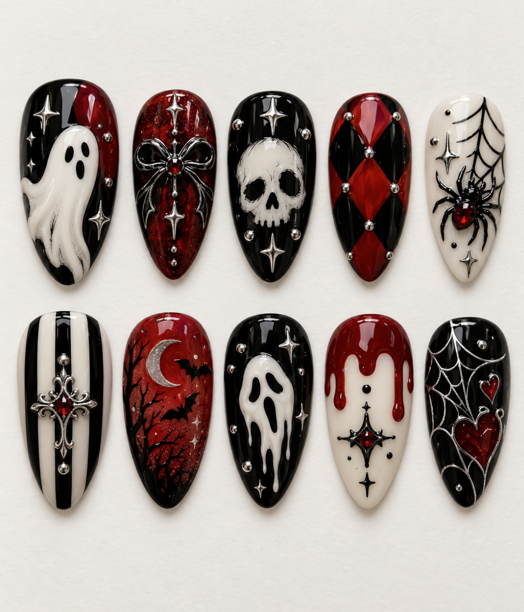 Gothic Halloween press-on Nails, Red Black Ghost Nails, Skull Spider Web Nails, Vampire Gothic Nail Art, Spooky Press Ons.