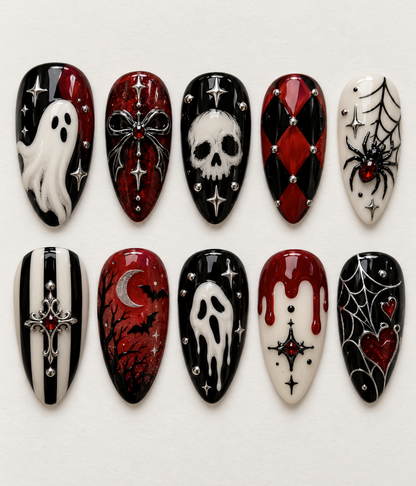Gothic Halloween press-on Nails, Red Black Ghost Nails, Skull Spider Web Nails, Vampire Gothic Nail Art, Spooky Press Ons.