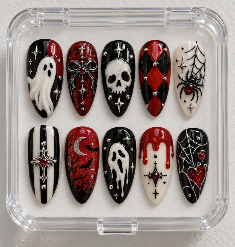 Gothic Halloween press-on Nails, Red Black Ghost Nails, Skull Spider Web Nails, Vampire Gothic Nail Art, Spooky Press Ons.