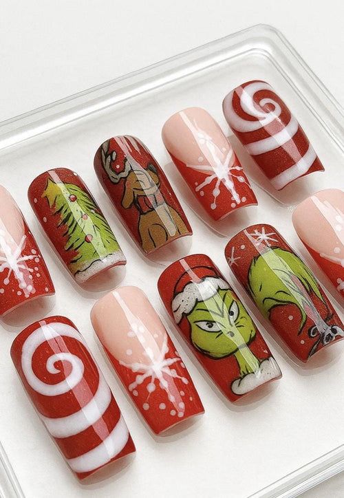 Grinch Christmas press-on Nails: Red Glitter Holiday Nail Art.