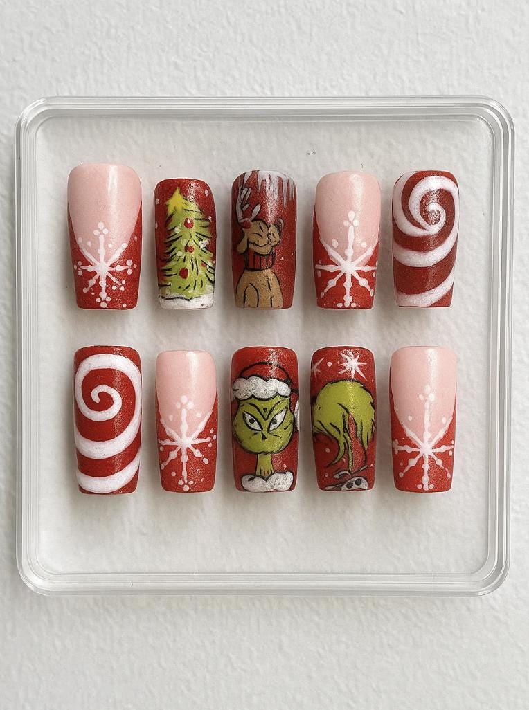 Grinch Christmas press-on Nails: Red Glitter Holiday Nail Art.
