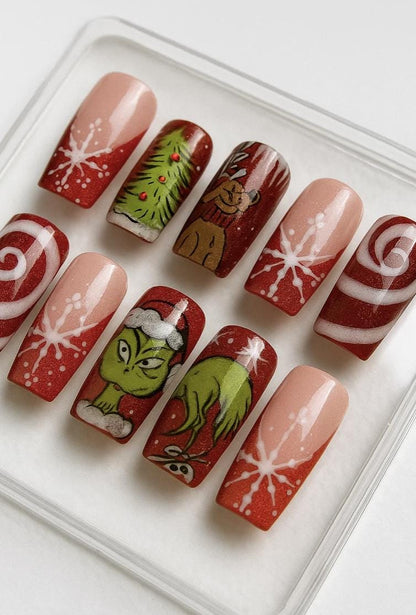 Grinch Christmas press-on Nails: Red Glitter Holiday Nail Art.