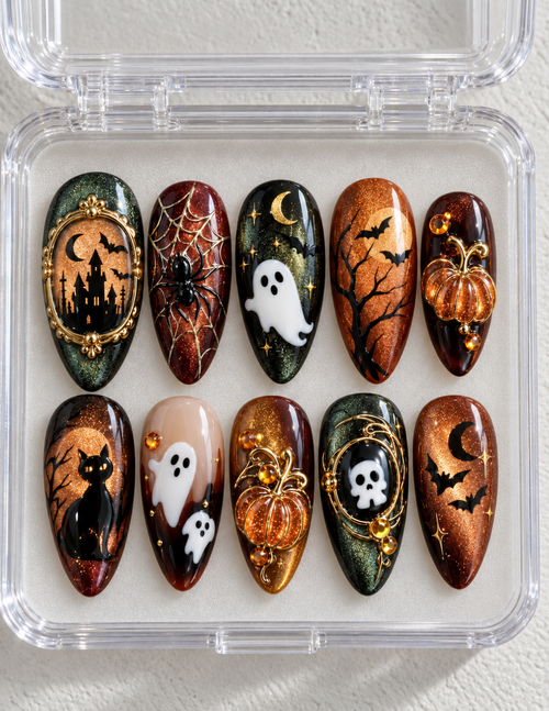 Halloween Cat Eye press-on Nails, 3D Black Cat Ghost Pumpkin Nails, Orange Gold Spider Web Nail Art.