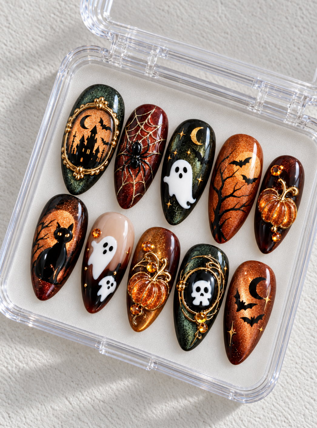 Halloween Cat Eye press-on Nails, 3D Black Cat Ghost Pumpkin Nails, Orange Gold Spider Web Nail Art.