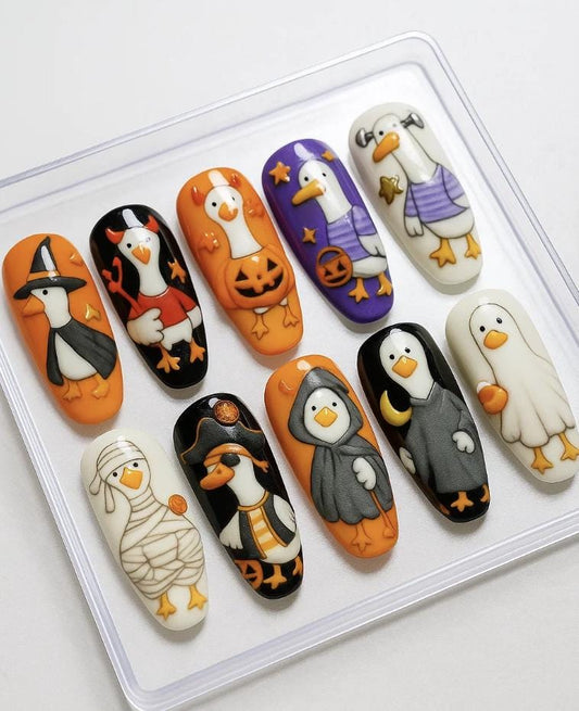 Halloween Goose press-on Nails, Cute Spooky Geese Nails, Goose in Halloween Costumes press-on Nails, Funny Halloween Goose Nails.