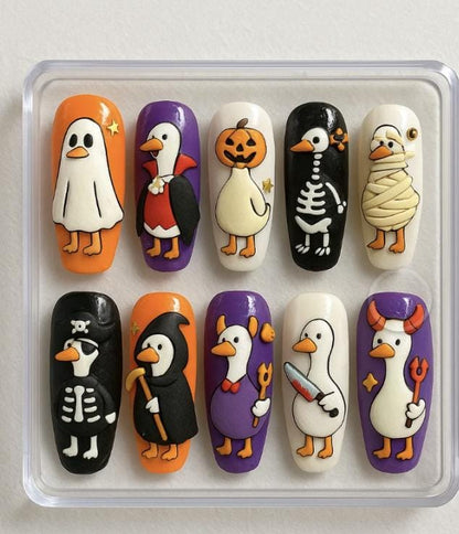 Halloween Goose press-on Nails: Spooky Funny Duck Designs.