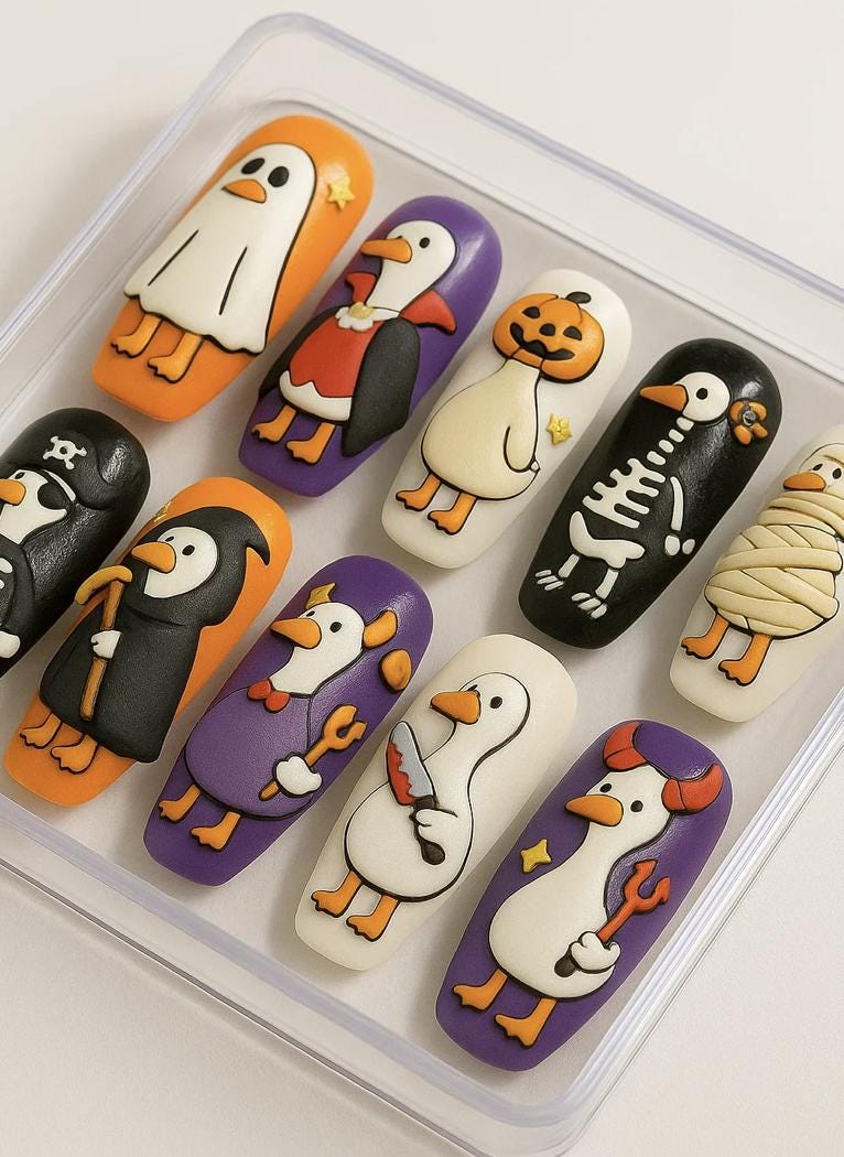 Halloween Goose press-on Nails: Spooky Funny Duck Designs.
