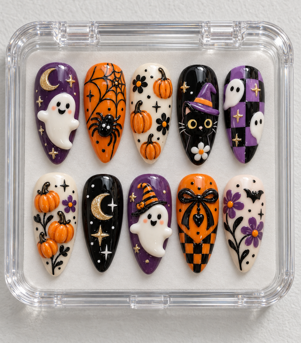 Halloween press-on Nails, Cute Ghost Nails, Purple Orange Pumpkin Nails, Black Cat Nail Art, Spooky Fall Press Ons.